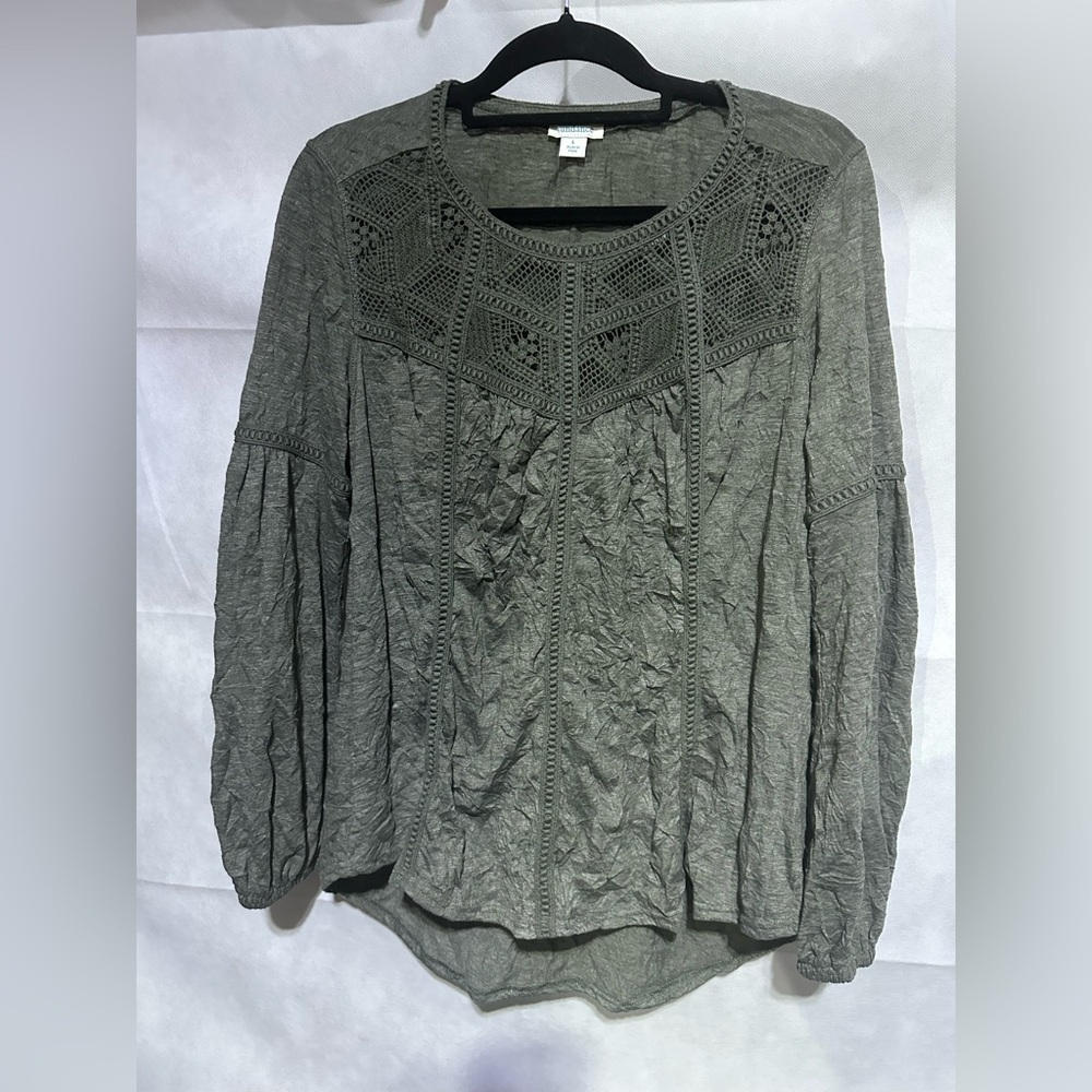 Sundance Romance Crinkle Long Sleeve Shirt Blouse Top Lace Size L Green Peasant